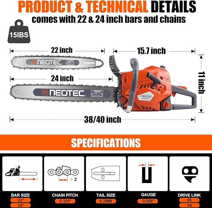 68CC Gas Powered Chainsaw 22 24 Inch Bar Chainsaws 2-Cycle Cordless Handheld Petrol Gasoline Chain Saw for Tree Felling Forestry Logging Backyard Storm Wood Cutting