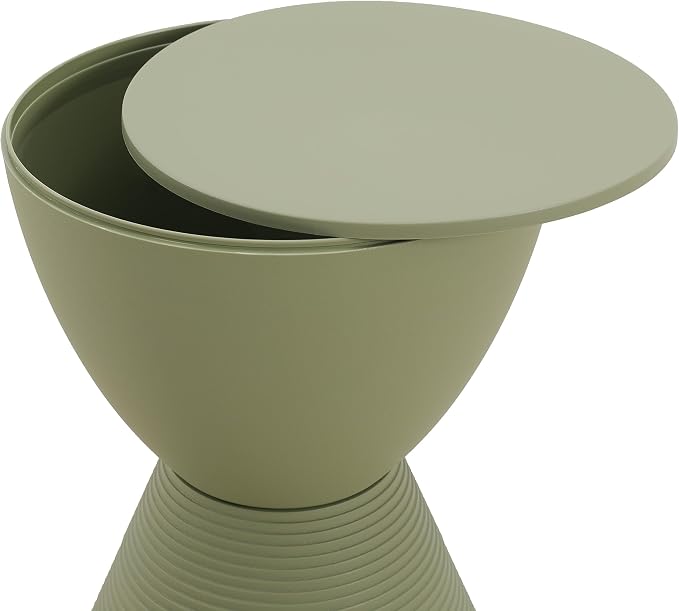LeisureMod Modern Hourglass Side Table - ABS Shell Drum End Table with Storage for Indoor & Outdoor Use, Olive Green