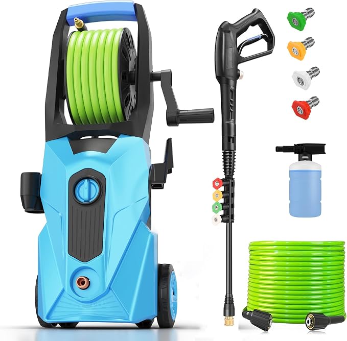 Electric Pressure Washer 5000PSI Portable with 33FT Hose Reel, 4 Nozzle Set for Home/Cars/Fences/Windows, Blue
