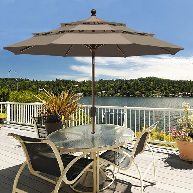EliteShade USA 10-Year-Non-Fading 9ft 3-Tier Market Patio Umbrella, Commercial Grade Outdoor Table Umbrella with Crank Open, Windproof & UPF 50+ UV Protection, Heavy Duty Ventilation for Garden, Deck, Pool, Backyard, Beach & Bistro, Mushroom