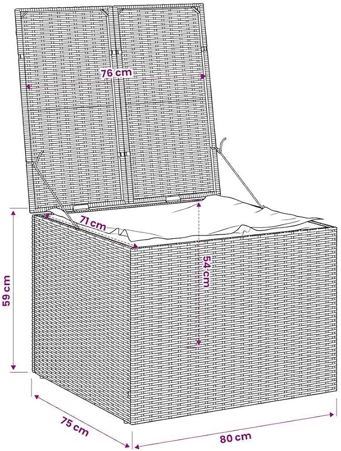 Garden Storage Box Gray 76.9 Gal PE Rattan with Bag, Powder-Coated Steel Frame, Weather Resistant Outdoor Patio Deck Bench for Cushions, Pool Toy Organizer