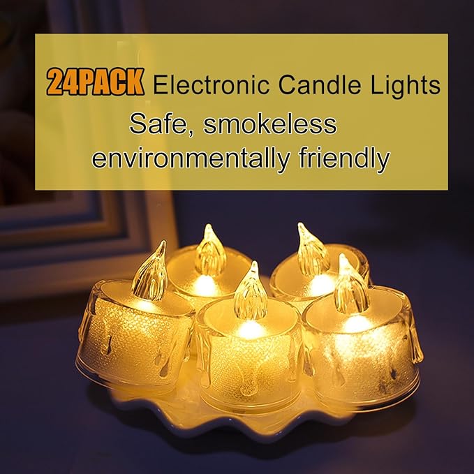 SupBri 24 Pack Flameless Tea Lights Candles Battery Operated, Crystal Led Tealight Candles,Votive Electric Fake Candles for Valentines Wedding Diwali Christmas Decorations