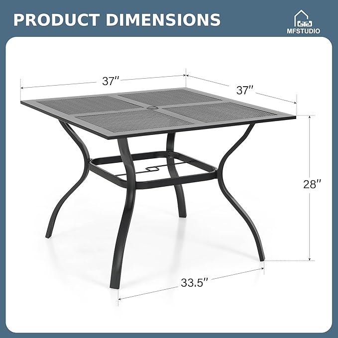 MFSTUDIO 37" x 37" Square Outdoor Dining Table Patio Bistro Table Powder-Coated Steel Frame Top Umbrella Stand Deck Outdoor Furniture Garden Table, Black