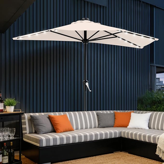 AreShark 9ft Patio Half Umbrellas with Solar Lights, 1/2 LED Half Outdoor Umbrella w/ 20 LED Lights, Lighted Table Wall Umbrella with Crank & 5 Sturdy Ribs for Market, Pool, Deck, Lawn and Garden, Cream White