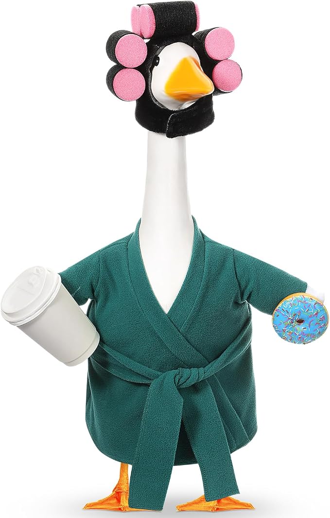 Shyyween Lady Porch Goose Outfit for 23 Inch Cement Plastic Statue Green Bathrobe Goose Clothes with Curlers Coffee Cup for Summer Lawn Garden Yard Patio Decor