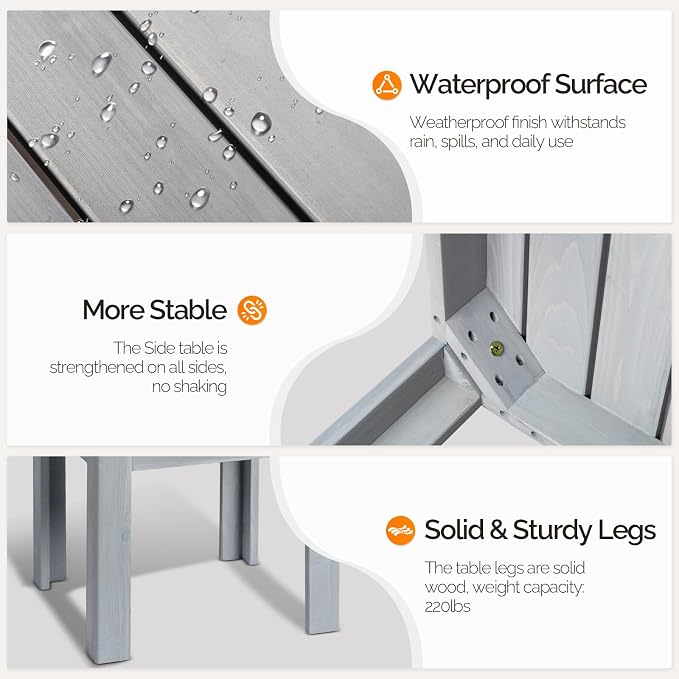 VINGLI Outdoor Wooden Side Table, Square Patio Side Table, Small Outdoor Table for Patio, Backyard, Garden, Poolside, Balcony, Adirondack Conversation End Table (Grey)