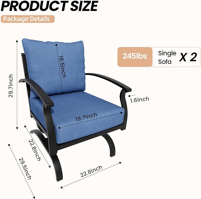 Metal Patio Furniture Set,2 Pieces Patio Sectional Outdoor Furniture Set with 2 Chairs,Patio Conversation Sets with 5.1" Thickened Cushions,Navy Blue