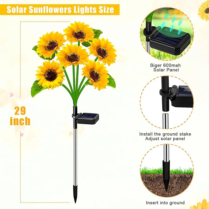 ZFNN Solar Outdoor Lights Garden Decor,6 Pack Solar Sunflower Lights, 36 Waterproof Garden Decor Flower for Outside Yard Patio,Flower Bed, Pathway, Gift for Women, Mom, Grandma- 6 Pack