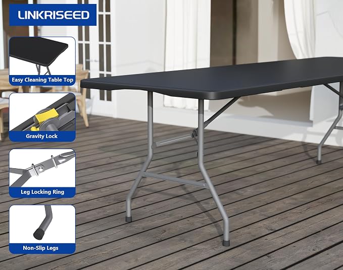 8FT Folding Tables – Heavy Duty Portable Foldable Picnic Table with Built-in Handle, 450 lb Capacity – Ideal for Events, Parties, Crafts, Camping & Dining (4-Pack, Black)