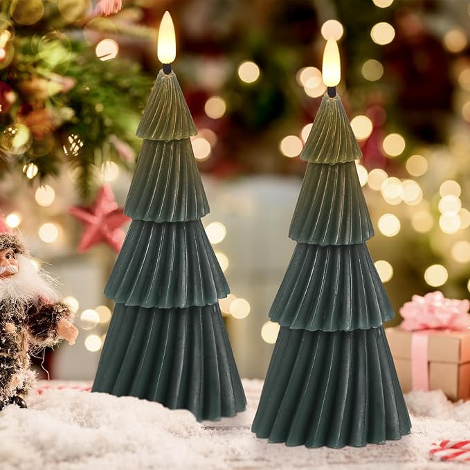 Christmas Tree Spiral Skirt-Shaped Flameless Candles with 6H Timer, 2 Pcs Battery Operated LED Pillar Candle with Flickering 3D Wick, Green Candles for Home Décor Christmas Gifts