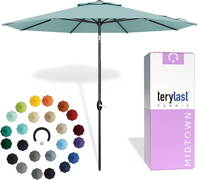 Midtown Umbrellas – The Swilt 8 Ft Patio Umbrellas with 360° Swivel & Tilt Mechanism, 8 Fiberglass Ribs & Terylast Polyester Fabric for Backyard, Deck, Pool & Cafes - Seawater Canopy, Black Pole