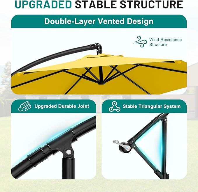 AreShark 10FT Patio Outdoor Umbrella, Offset Patio Umbrella Cantilever Umbrella, 6 Sturdy Ribs, Easy Adjustment for Garden Market Pool with Cross Base (Yellow)