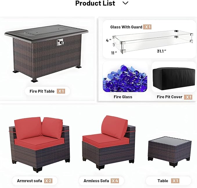 Kullavik 8 Pieces Outdoor Patio Furniture Set,Sectional Sofa Set with 43" 55000 BTU Gas Propane Fire Pit Table,Brown PE Rattan Wicker Patio Conversation Set,Red