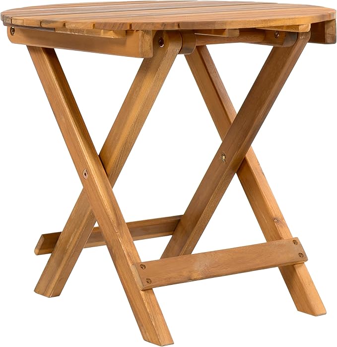 GDFStudio 15" H Folding Patio End Table Accent Table Small Round Sofa Coffee Acacia Wood Lightweight Side Tables with Slat Panel Cross Leg for Living Room Bedroom Balcony Office Outdoor Space, Teak