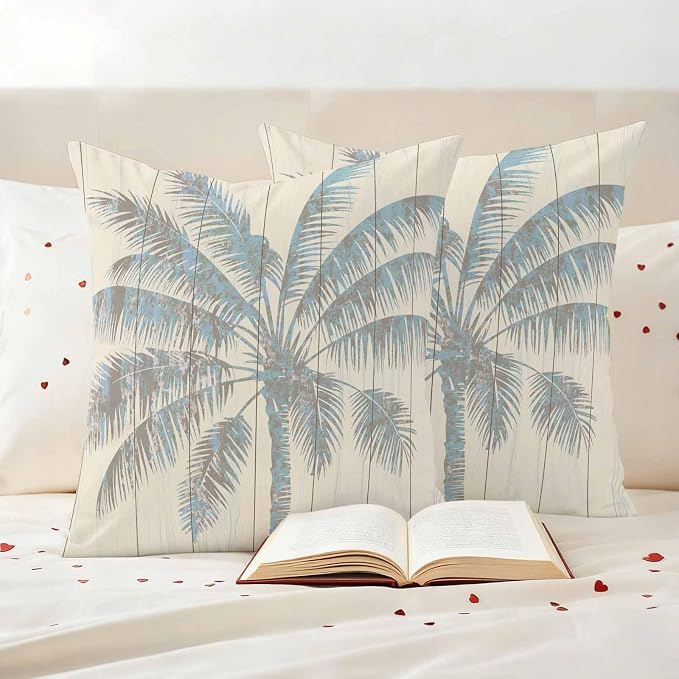 Pack of 2 Blue Beige Palm Tree Outdoor Pillow Covers Decorative, Summer Tropical Botanical Waterproof Pillow Protector, Vintage Throw Pillowcases Accent Cushion Cases for Patio Couch Sofa 18"x18"