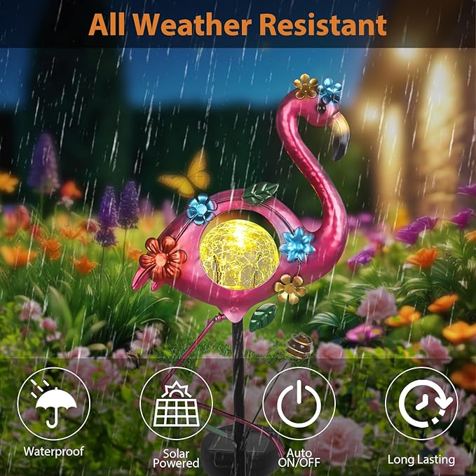 Solar Flamingo Garden Stake Lights Outdoor 2 Pack Metal Flamingo Lawm Ornament Waterproof Decorative Garden Stakes Patio Gifts for Women Mam Girls Landscape Outside Decorations for Yard