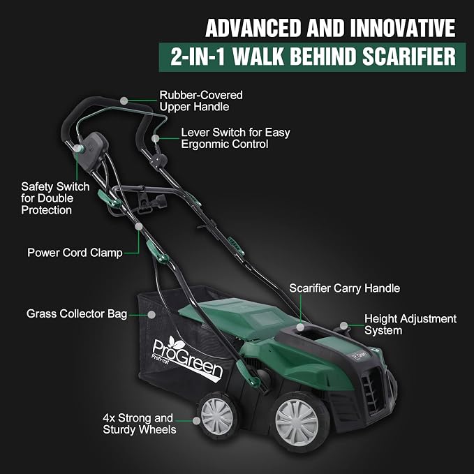Garden Scarifier, 2-in-1 16INCH Dethatcher Scarifier,15 Amp Electric Lawn Dethatcher,Removable Collection Bag Extra Large 58QT