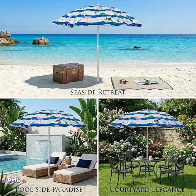 PMU 24 Pcs 6ft Tropical Beach Umbrella – Blue & White Stripes with Flamingo, Toucan & Leaf Print, 72in Open, 160G Polyester, Large Outdoor Patio Pool Parasol Umbrella for Garden, Deck, Backyard & Pool