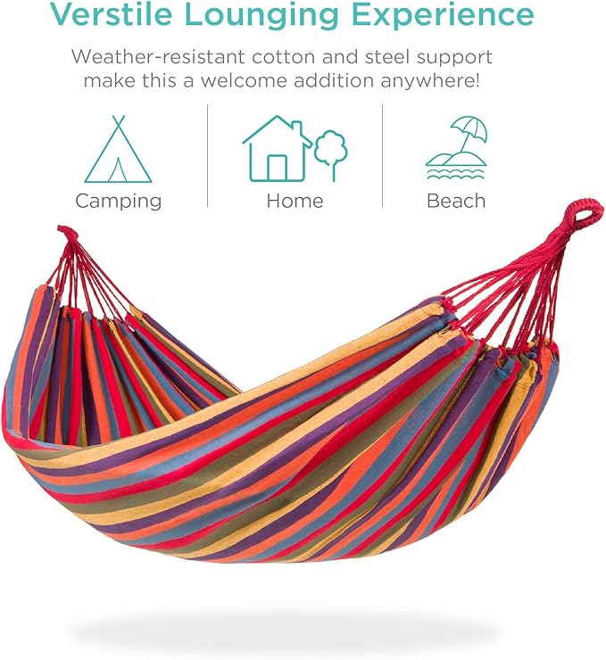 2-Person Cotton Double Hammock Bed with Portable Carrying Bag, Lightweight Hammocks for Backpacking, Travel, Beach, Backyard, Patio, Hiking (Rainbow)