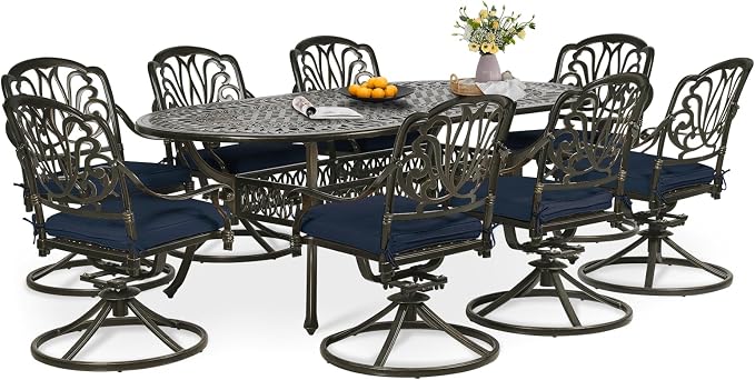 9-Piece Patio Dining Set, Outdoor Patio Table and Chair Set of 84” Oval Cast Aluminum Dining Table with Umbrella Hole, 8 Patio Dining Swivel Chairs Padded, Patio Funiture Set, Navy