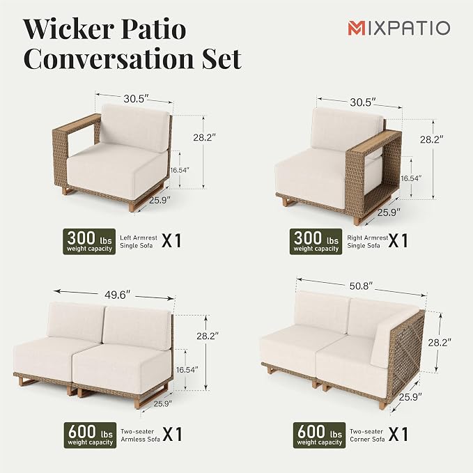 MIXPATIO 6 Pieces Patio Furniture Set, Outdoor Sectional Conversation Sets with 10" Thick Cushions, L Shaped Deep Seating Yellow Wicker Rattan Modular Sofa Couch, Low Profile Deck Lawn Furniture