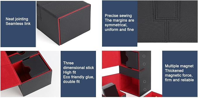 SUNGOOYUE Card Deck Box, PU Leather Game Card Storage Box with 3 Drawers and Magnetic Closure, for Holding Over 200 Cards Sports Cards (Black Red)