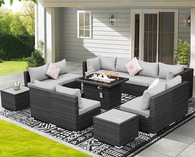NICESOUL 13 Piece Outdoor Sectional Furniture with Firepit, Contemporary Back Yard Fireplace w/Seating Area, Plus Size 29.3'' High Back Patio Set, All-Weather Wicker Couch for Exterior, Light Gray