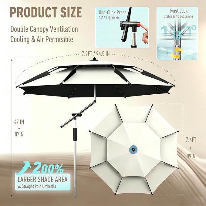 Above Ground Pool Umbrella 7.9 FT, UPF 50+ Sun Protection, 360° Rotating & Tilt Adjustable, Rust-Resistant Stainless Steel Clamp, with Ground Stake & Carry Bag, Outdoor Umbrella for Patio, Beach, Camping – White