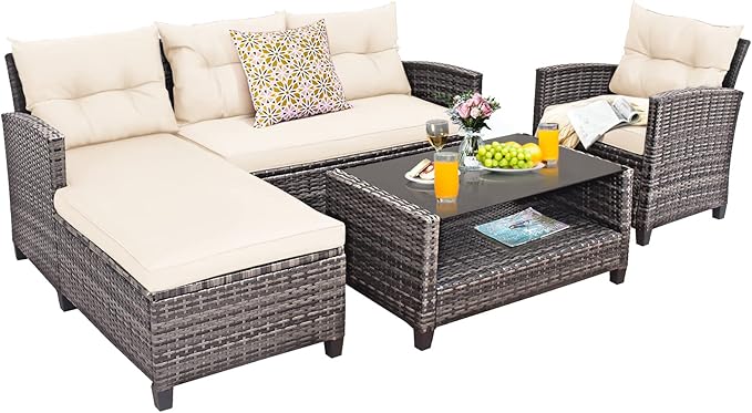 Tangkula 4 Pieces Rattan Conversation Set, Patiojoy Outdoor Furniture Set with Cushions, Lounge Sofa Set with Coffee Table, Patio Sectional Sofa Set for Patio Garden Poolside Backyard (White)