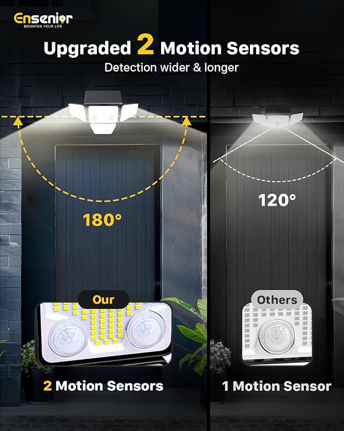 Ensenior Solar Lights Outdoor, Motion Sensor Outdoor Light with Remote Control, IP65 Waterproof 279 LED 4 Heads Solar Security Light with 4 Mode, 270° Wide Angle Solar Flood Light for outdoor, 3 Packs