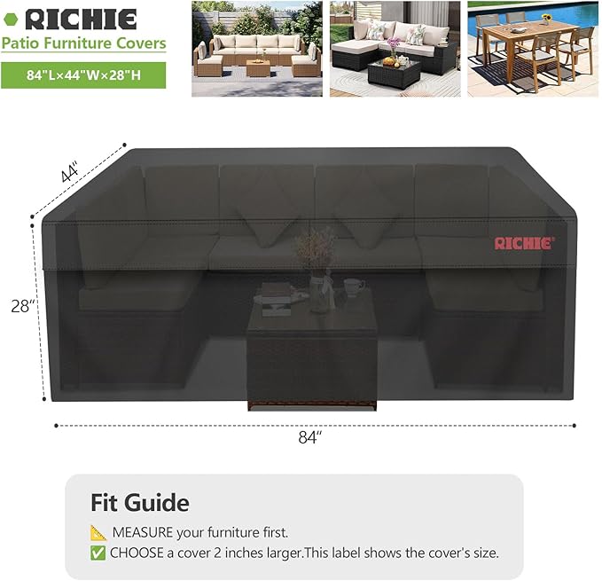 RICHIE Patio Furniture Covers, Waterproof Outdoor Table and Chair Set Cover, Rectangular Dining Table Cover, 84"L x 44"W x 28"H, Black