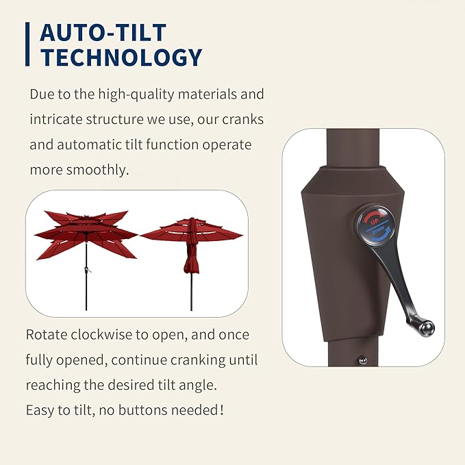 9FT 3 Tiers Patio Umbrella With Auto Tilt And Crank, Outdoor Table Market Umbrella with 8 Sturdy Ribs for Garden, Lawn, Deck, Backyard and Pool