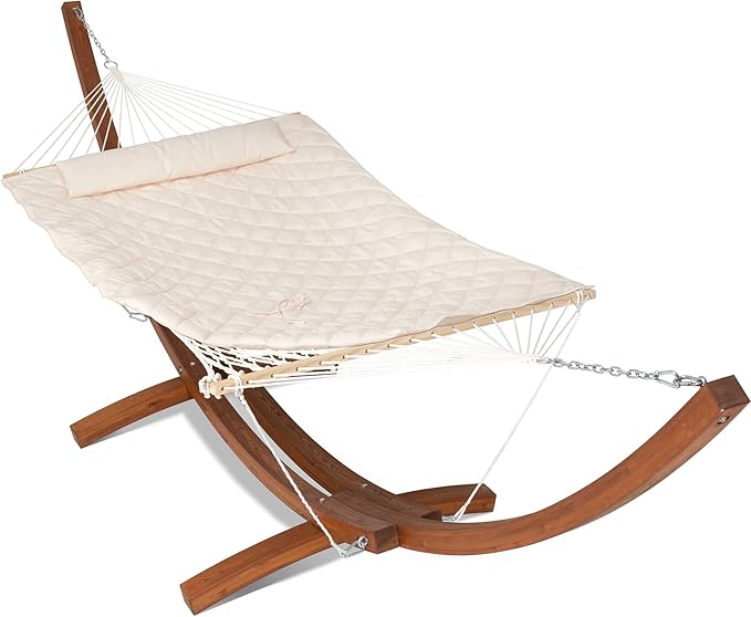 ANOW Heavy Duty Curved Wood Arc Stand with 2 Person Rope Hammock, 13.5FT Larch Wood Stand with 2 Chains, 4 Balance Ropes and 4 Carabiners, Includes Cream Hammock with Spreader Bars