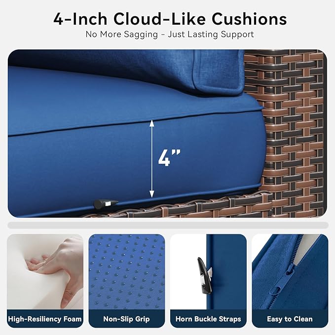 LazySunsets 10 Piece Outdoor Patio Furniture Set with Coffee Table, Outdoor Patio Furniture Sets with Waterproof Cover and Thicken Cushion, Wicker Rattan Outdoor Conversation Set for Backyard, Blue