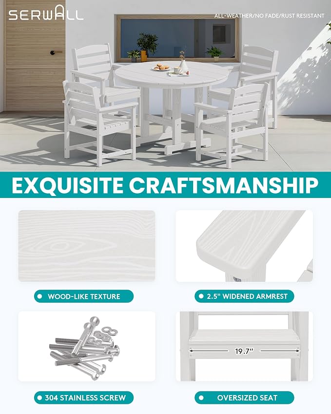 SERWALL 6-Piece Patio Dining Sets, HDPE Outdoor Table and Chairs Furniture Set with Umbrella, 45" Round Dining Table & 4 Dining Chairs & 1 9FT Umbrella, White(Not Include Umbrella Base)