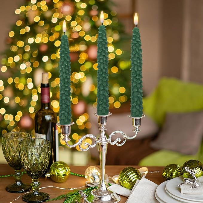 DRomance Christmas Tree Flameless Taper Candles Battery Operated with 10-Key Remote and Cycle Timer 4 Pack Real Wax 3D Wick Flickering LED Candlesticks Holiday Decor(Green, 0.79 x 9.9 Inch)
