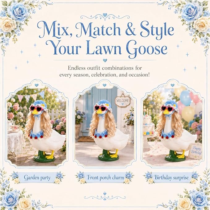 Porch Goose Wigs Blonde 1 Pack with Blue Knit Hat and Scarf Set Porch Goose Blonde Long Wigs Blue Style Outdoor Decor for Lawn Goose Statues