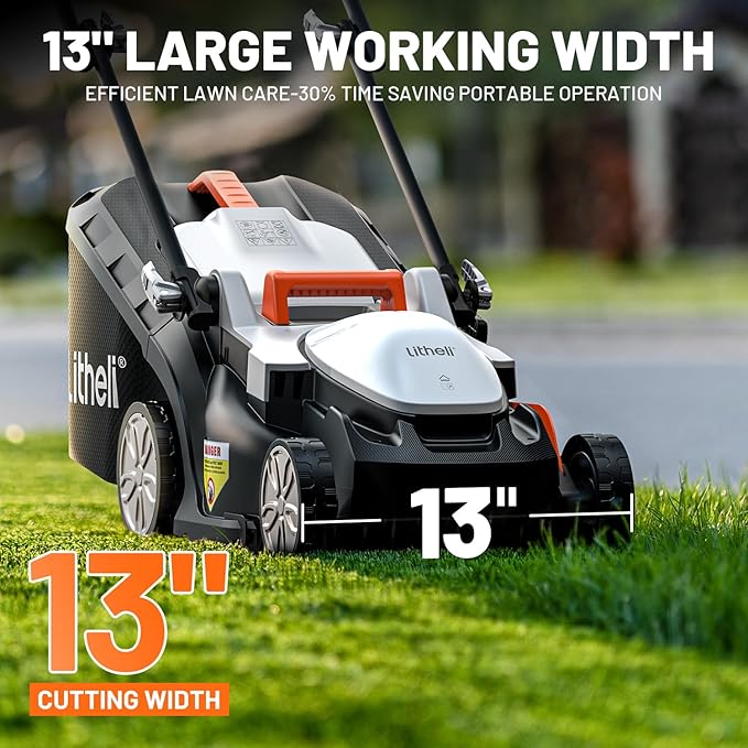 Litheli Electric Lawn Mower Cordless,Grass Cutter Machine for 1300 Sq.Ft. Lawnmower with Motor,13 in Cutting Width,8 Gallon Capacity,Cutting Height from 1 to 2.5 in 4.0 Battery