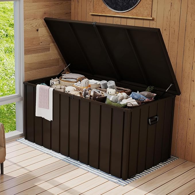 200 Gallon Outdoor Storage Deck Box with Lockable and Mobile Roller, Large Steel Container Bin with Waterproof and UV Resistant for Patio, Garden, Dark Brown
