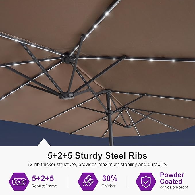 PURPLE LEAF 15ft Double-Sided Patio Umbrella with Base and Solar Lights Outdoor Market Umbrella with Crank Handle Rectangle Umbrella for Backyard Pool Garden Deck, Taupe