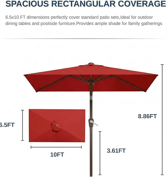 6.5x10FT Patio Umbrella, Outdoor Umbrella with Push Button Tilt and Crank, 8 Sturdy Ribs, UV Protection & Waterproof Market Umbrella for Pool, Backyard, Beach,Deck (Red)