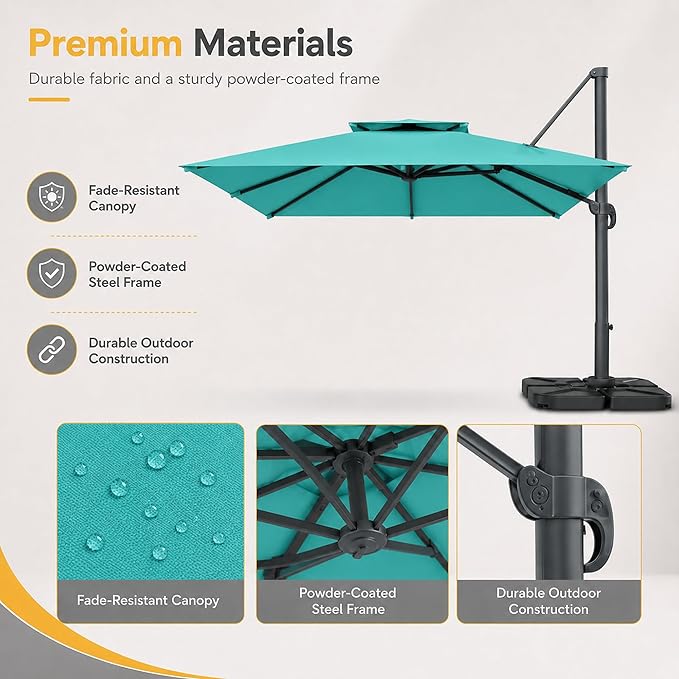 10FT Cantilever Patio Umbrella with Solar Lights, Large Outdoor 2 Tier Aluminum Offset Square Umbrellas 360 Degree Rotation for Garden Deck Pool
