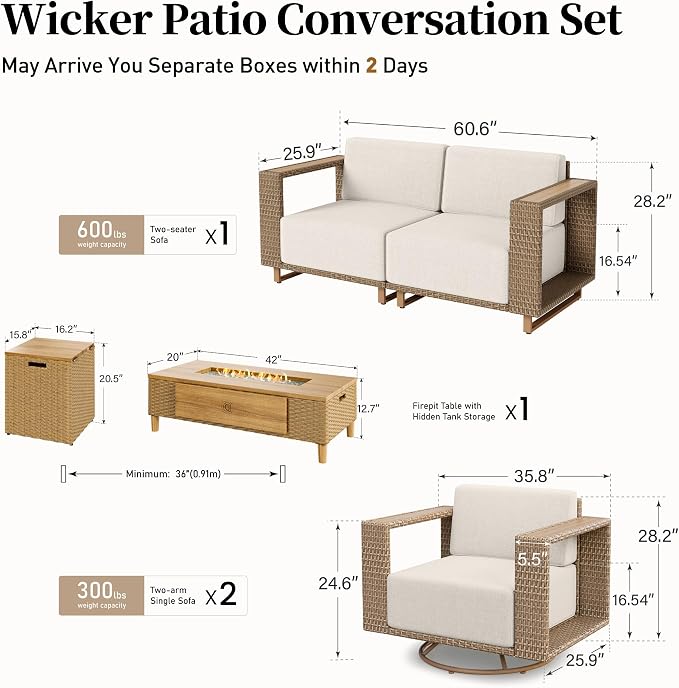 SUNSHINE VALLEY Patio Furniture Set with Swivel Chairs & Firepit, 5 Pieces Outdoor Wicker Conversation Set with 10" Thick Cushions for Deck Lawn Garden Backyard