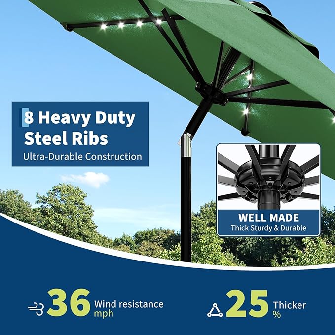 10 ft Patio Umbrella with Solar Lights, Outdoor LED Lighted Umbrella, 40 LED Lights & Tilt Crank, 8 Ribs for Poolside, Deck, Backyard