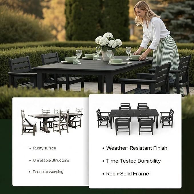 9-Piece Outdoor Dining Set for 8, 75.2" HDPE Table with Umbrella Hole & 8 Chairs, All-Weather Patio Furniture for Lawn, Yard, Deck, or Poolside, Fade & Crack Resistant (Black)