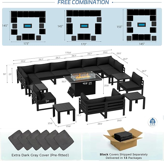 NICESOUL 17 Piece Extra Large Aluminum Patio Furniture Set with Fire Pit Table & End Table, 29" Deep Wide Seating, 500 lbs High Weight Capacity, Comfortable Outdoor Sectional Sofa for Poolside, Black