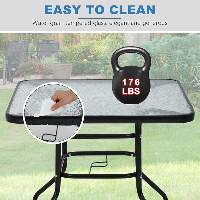 32" Square Outdoor Dining Table - Tempered Glass Top with Umbrella Hole,Weather-Resistant Metal Patio Table for Backyard,Poolside, Balcony, Garden - Black