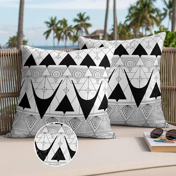 Throw Pillow Covers 18x18 Inch Set of 2, Black White Geometric Waterproof Outdoor Pillow Covers, Vintage Art Striped Decorative Cushion Pillowcases for Couch, Sofa, Bed, Garden, Patio