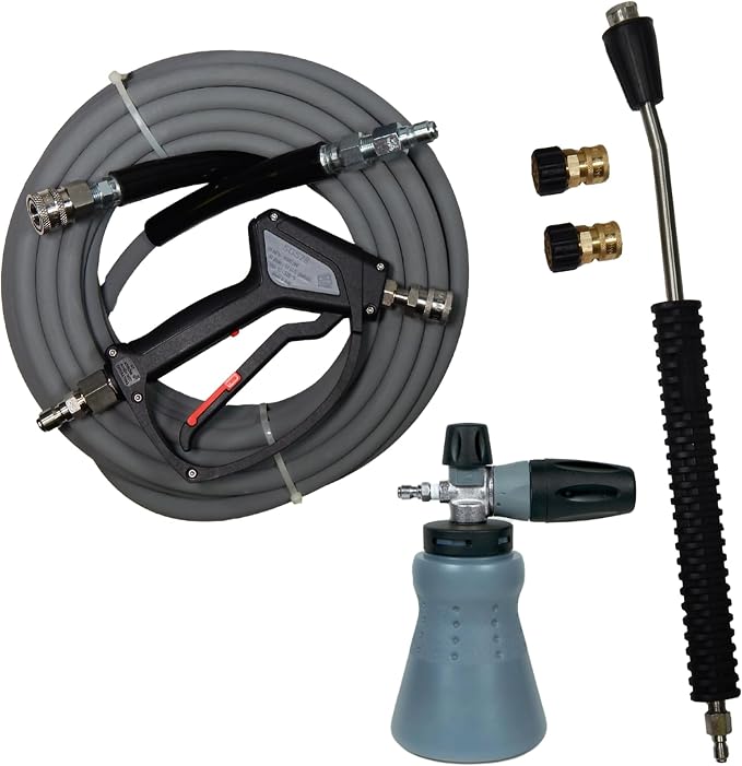 MTM Hydro PF22 Wide Mouth Foam Cannon Kit for Pressure Washer, SGS28 Spray Gun with Stainless Steel Swivel, Kobrajet 50' Grey Hose, Lance and Fittings
