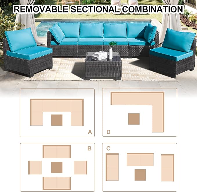 CANMOV 7 Pieces Patio Furniture Sets, All Weather Outdoor Patio Conversation Set, PE Wicker Rattan Sectional Sofa Couch Glass Coffee Table Washable Cushions, Peacock Blue
